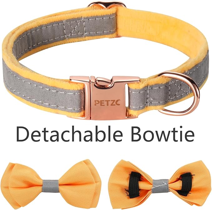 Dog Collar,Metal Buckle Pet Collar Suede Dog Collar Soft&Comfy Adjustable Pet Gift Collars with Bow for Small Medium Large Dogs (Large, Gray&Yellow)