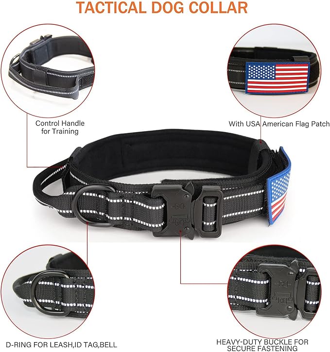 KCUCOP Tactical Dog Collar, Heavy Duty Dog Collar with Handle and Metal Buckle, Military Thick Dog Collars for Medium and Large Dogs(Black-XL-Reflective, 1 Patch)