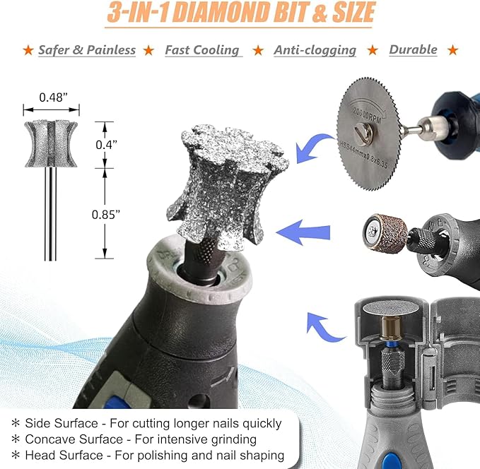 Faster Cooling Pet Nail Grinder Bit Sawtooth Head, Anti-Clogging Diamond Dog Nail Grinding Tip for 1/8" Dremel Rotary Tools & Many Brands for Small Medium Large & Anxious Dogs - SuperC 60#