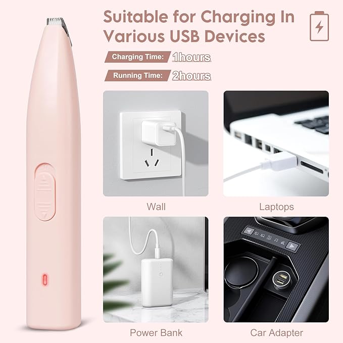 Dog Clippers for Grooming, Dog Paw Trimmer, Pet Paw Trimmer, Mini Trimmer for Dogs, Rechargeable, Low Noise for Trimming Dog Cat Hair Around Paws, Eyes, Ears, Face, Rump (Pink)