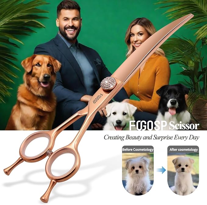 Rose Gold Titanium Curved Dog Grooming Scissors Reverse 7'' Downward 30° with Jewelled Screw Japan 440C Professional Pet Grooming Trimming Shears for Dogs Suzhi Teddy(7,Curved)