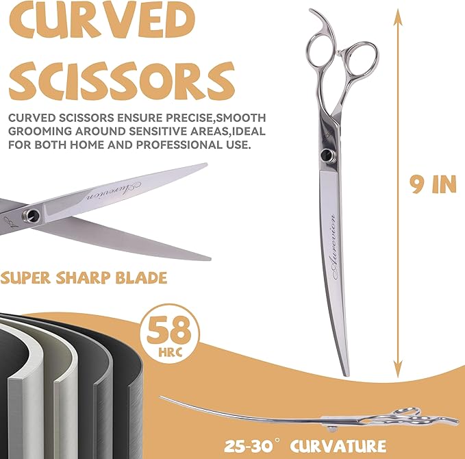 Professional metal 9 In Curved Grooming Scissors for Dogs and Cats,30-Degree Curves Shears for Hair Cutting with Pet at Home & Outdoor,Lightweight Stainless Steel Clippers for Dog Trimming Face,Paws