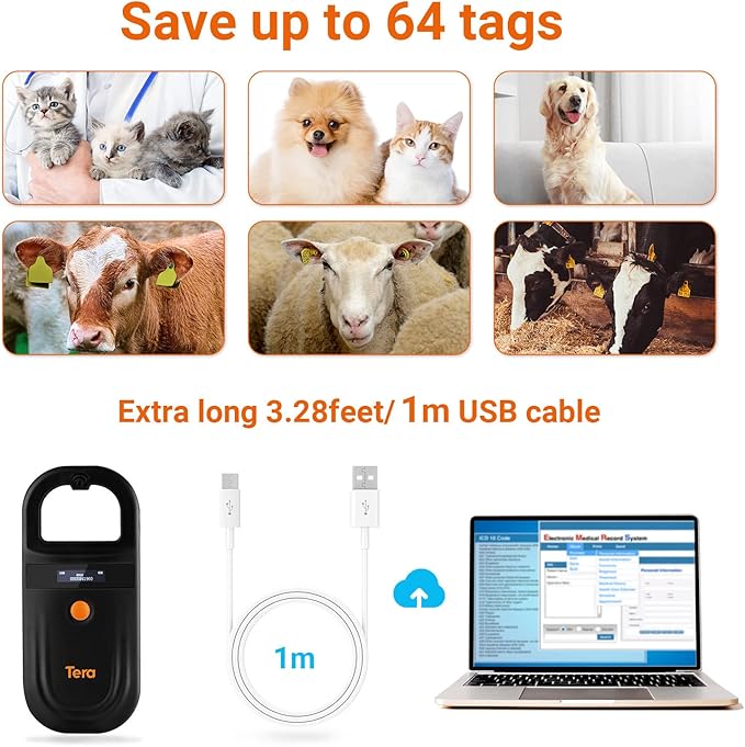 Tera Pet Microchip Reader with D-Ring RFID Portable Animal Chip ID Scanner with OLED Display Screen Rechargeable Data Storage Tag Scanner EMID FDX-B(ISO11784/85) for Dogs, Cats & Animal Management