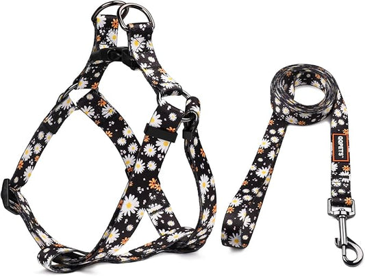 QQPETS Dog Harness Leash Set Adjustable Heavy Duty No Pull Halter Harnesses for Small Medium Large Breed Dogs Back Clip Anti-Twist Perfect for Walking (L(23"-32" Chest Girth), White Daisy)