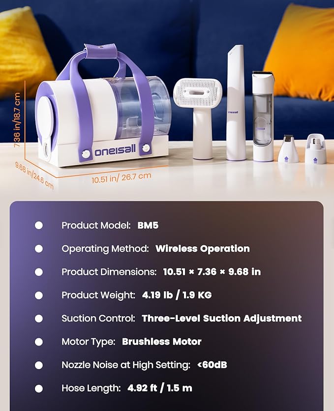 oneisall Cordless Dog Grooming Vacuum,5200 mAh Dog Grooming Kit with Clippers,Nail Grinder,Trimmer,2L Dustbin for Shedding with Grooming Tools-Quiet Suitable for All Breeds,Cleaning at Home Comfy C1