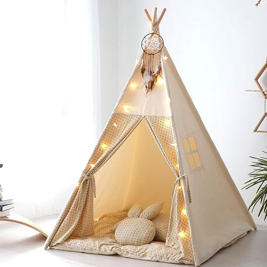 Teepee Tent for Kids with Mat,Foldable Play Tents for Girl and Boy with Carrybag,Canvas Tipi Playhouse for Children Indoor Outdoor(Beige & Mat)
