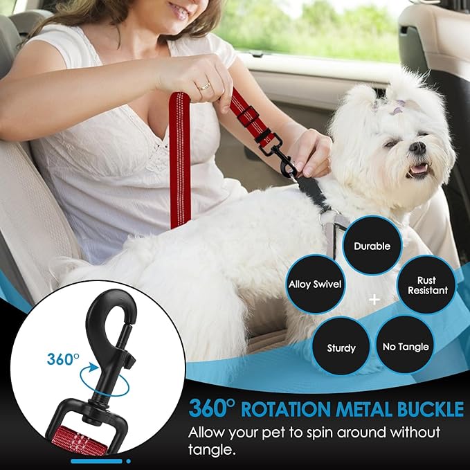 Lukovee Dog Seatbelt Leash for Cars, 2 Pack Pet Safety Car Seat Belt with Adjustable Buckle & Reflective Bungee, Connect Dog Harness in Vehicle Car Dogs Restraint Travel Daily Use (Red)