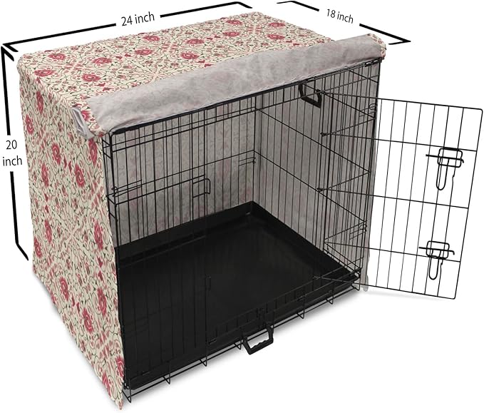Lunarable Traditional Dog Crate Cover, Lotus Motif with Petals Swirled Stalks and Leaves, Easy to Use Pet Kennel Cover for Cats & Medium Dogs, 24 Inch, Champagne Dried Rose