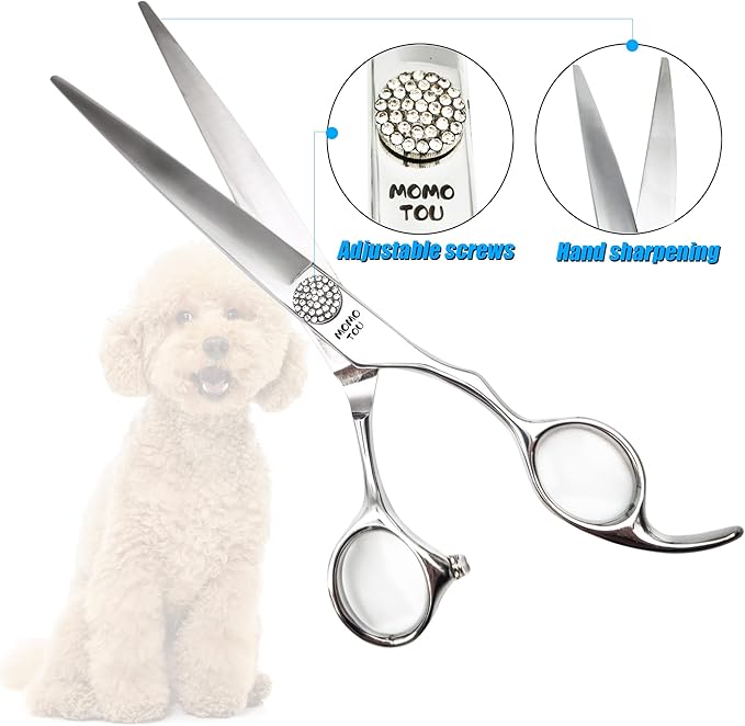 Polished Dog Grooming Scissors Set with Simulation Diamond 440C Stainless Steel Thinner Curved Straight Chunker Shears with Comb 7.5''