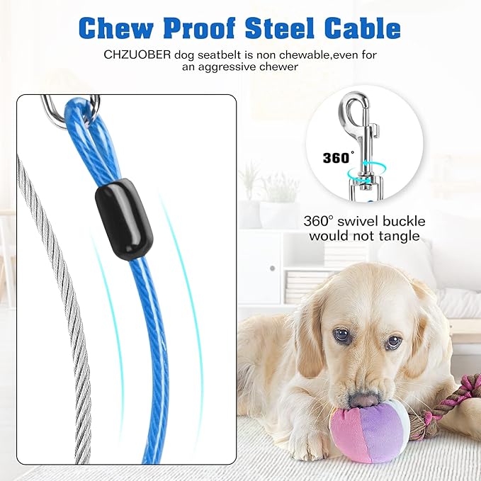 Chew Proof Dog Car Seat Belt, 2 in 1 Steel Cable Dog Car Accessories Headrest Restraint Dog Car Seatbelt for Medium Large Dogs Chewer Heavy Duty Dog Seatbelts for Cars Swivel Attach