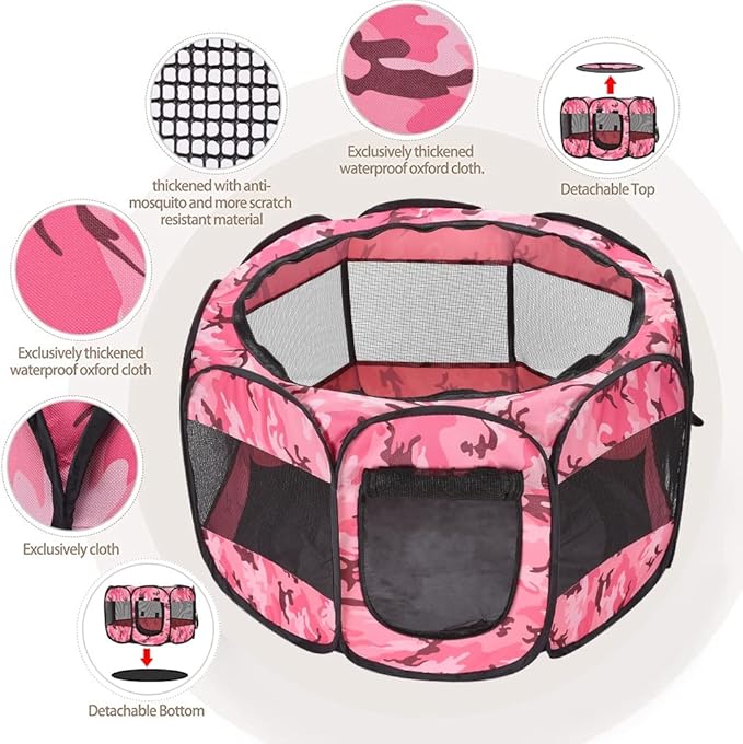 Foldable Pet Dog Playpen, Pop Up Portable Cat Playpen, Indoor/Outdoor for Kitten Puppy Play Pen, Cats Crate Tent with Carrying Bag, 600D Oxford (Camo Pink, Medium (31.5"x31.5"x23"), 8)