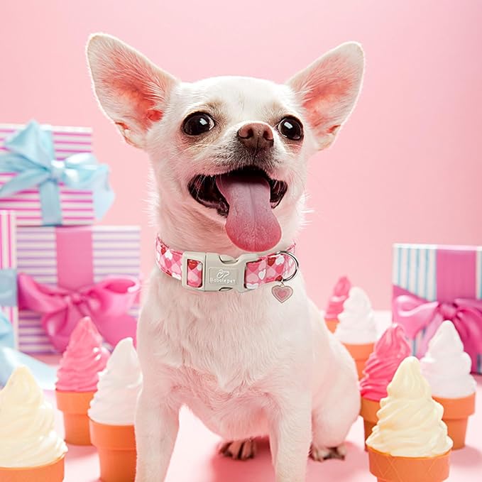 Valentine's Day Dog Collar - Cute Pink Valentines Dog Collar Girl Boy Durable Adjustable Love Heart Pattern Charm Dog Collars for Small Medium Large Dogs XS