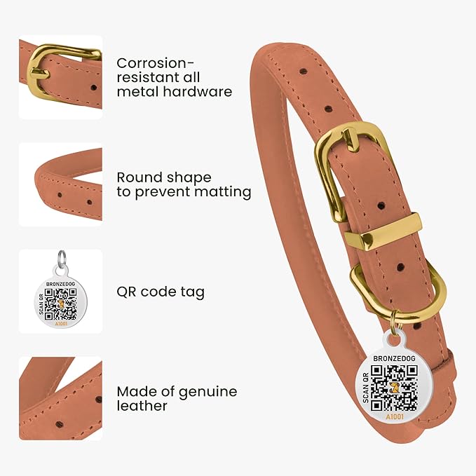 BRONZEDOG Rolled Leather Dog Collar with QR ID Tag Adjustable Soft Round Collars for Small Medium Large Dogs Puppy Cat (14" - 16" Neck Size, Peach)