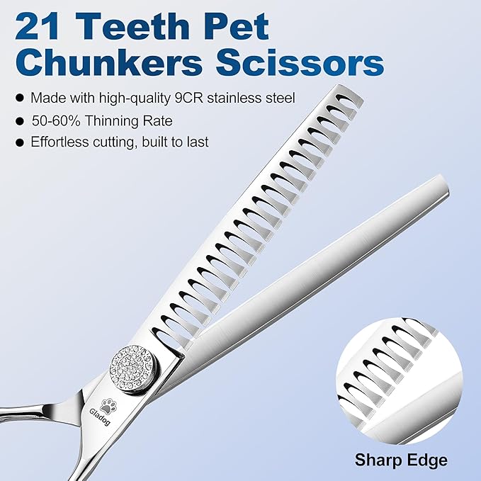 GLADOG 7" Chunkers Dog Grooming Scissors - Premium 9CR Dog Scissors for Grooming with Luxurious Diamond Nut，Ideal Dog Grooming Shears for Reducing Bulk, Dog Hair Scissors，Cat Grooming Scissors