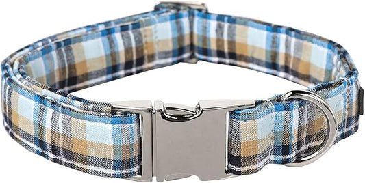 Lionet Paws Boy Dog Collar, Comfortable Adjustable Cute Blue Plaid Collar with Metal Buckle for Male Dogs Gift, Medium, Neck 13.5-22 inches