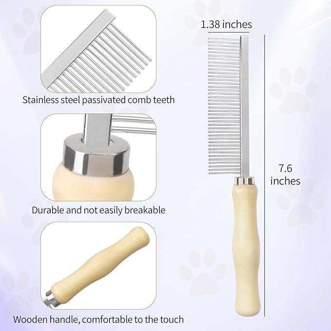 Pet Comb - Stainless Steel Teeth and Wooden Handle - Detangling and Smoothing Tool for Long and Short Hair Dogs and Cats