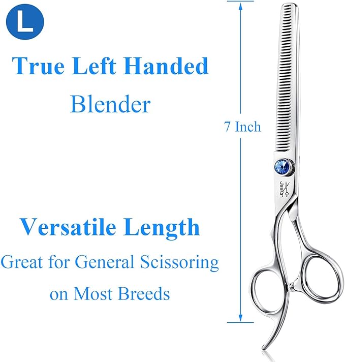 JASON Left Handed 7" 50 Teeth Blending Dog Grooming Scissor, Ergonomic Cats Grooming Thinning Shears Pets Trimming Kit with Offset Handle and a Jewelled Screw, Sharp, Comfortable Blender