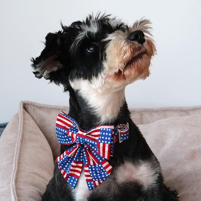 Lionet Paws Patriotic Dog Collar with Sailor Bow, 4th of July, Soft and Comfortable Adjustable American Flag Collar for Large Dogs, Neck 16-24 inches