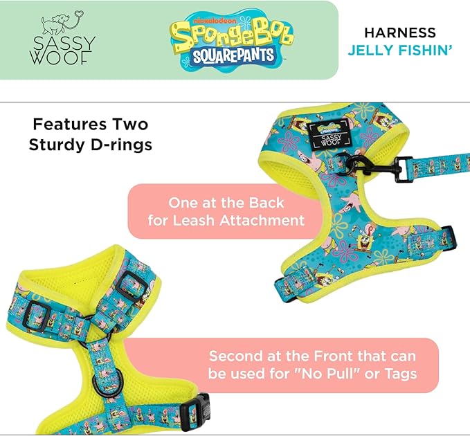 Dog Adjustable Harness - Spongebob Squarepants™ Jelly Fishin' - M, Breathable Mesh, No Pull Design with Two D-Rings, Perfect for Medium Dogs