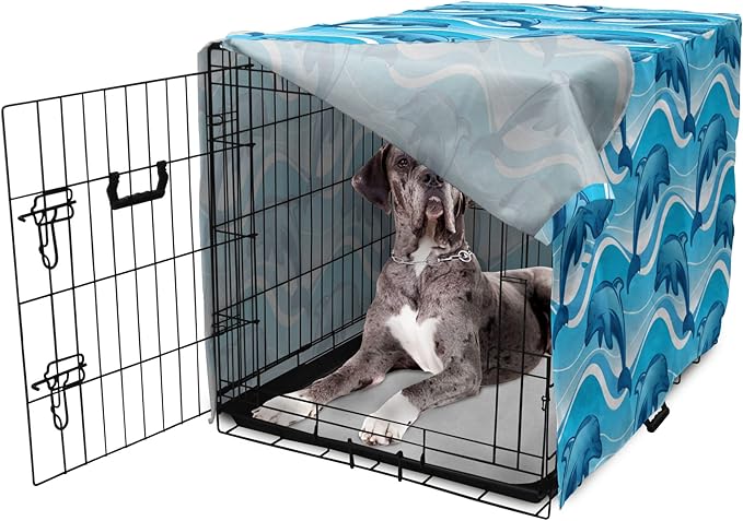 Lunarable Dolphin Dog Crate Cover, Dolphin Illustration Jumping Waves with Large Mammal Friendly Ocean Animal, Easy to Use Pet Kennel Cover for Medium Large Dogs, 48 Inch, Azure Blue White