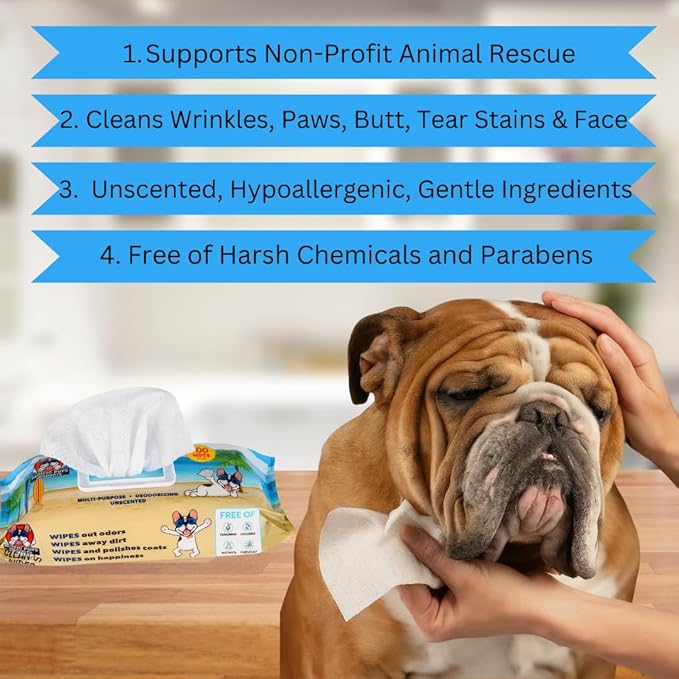 Pacific Pups Products Dog Wrinkle Wipes French Bulldog - 100 Count - Gentle, Plant Based Bulldog Face Wipes - Unscented Dog Wipes for Paws and Butt, Frenchie Wrinkle Wipes for Dogs