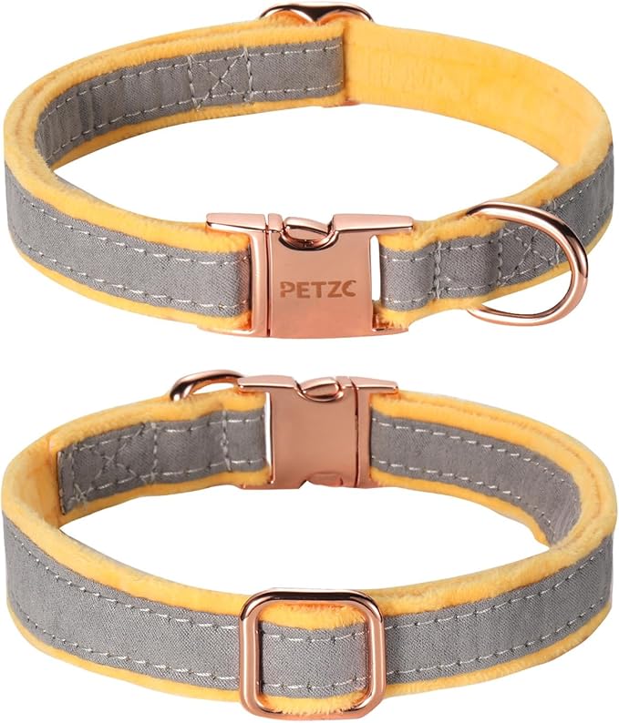 Dog Collar,Metal Buckle Pet Collar Suede Dog Collar Soft&Comfy Adjustable Pet Gift Collars with Bow for Small Medium Large Dogs (Large, Gray&Yellow)