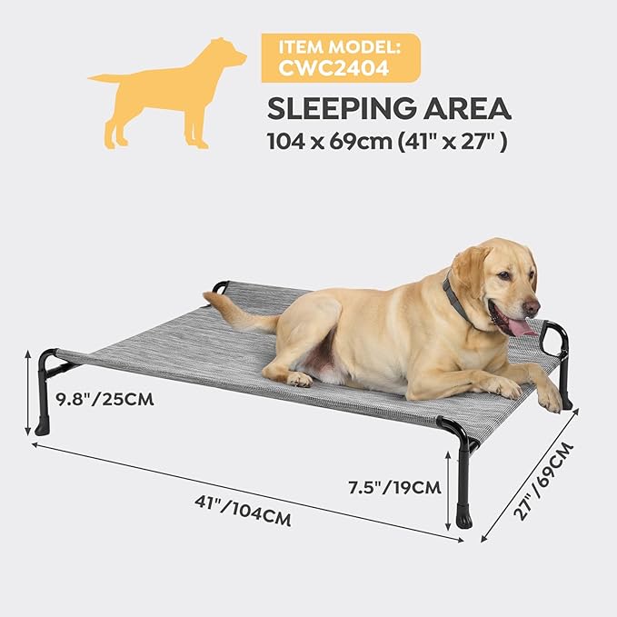 Veehoo Cooling Elevated Dog Bed, Raised Dog Beds for Large Dogs, Outdoor Dog Bed with Guardrail, Upgraded Non-Slip Feet, Breathable Teslin Mesh, Portable Camping Dog Cot, 41 x 27 Inches, Black Silver