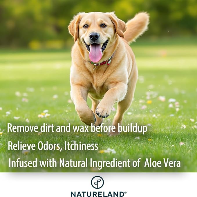 Natureland [60 pcs Finger Wipes] Dog & Cat Ear Finger Wipes - Otic Cleaning Wipes for Infections and Controlling Ear Infections and Ear Odor in Pets (60)