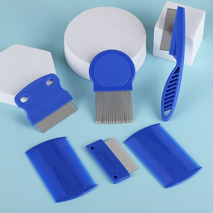 LoveBB 6-Pack Stainless Steel Flea & Lice Combs for Dogs & Cats - Double-Sided Fine Tooth Pet Grooming Comb for Tear Stain Removal & Dematting (Blue)
