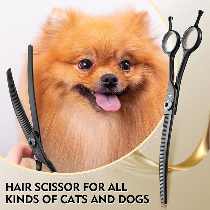 PURPLEBIRD Curved Thinning Shears Dog Grooming, 7 inch Professional Grooming Scissors for Dog Safety Blunt Tip Dog Grooming Scissors for Dogs Cats Face Paws Limbs Japanese Stainless Steel Black