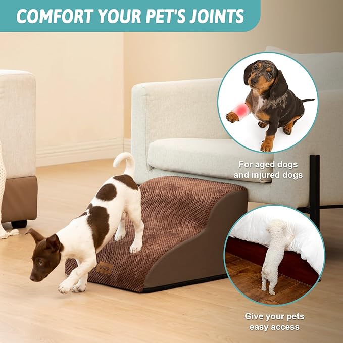 Dog Stairs for Chair, Small Dogs Steps for Cat, Sofa or Couch, Pet Ramp with Leakproof Cover, Lightweight, High Density Foam, Non-Slip, Durable, 15.7x19.7x11.8in, 2 Tiers, Brown