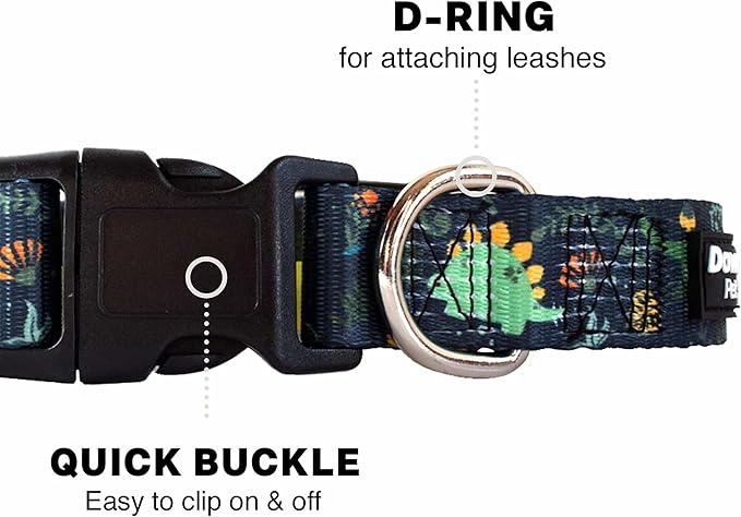 Downtown Pet Supply - Best, Cute & Fancy Dog Collar - Lightweight Adjustable Dog Collar with Quick Buckle & D-Ring - Hand Wash Safe - Dino - S - Small Dog Collar