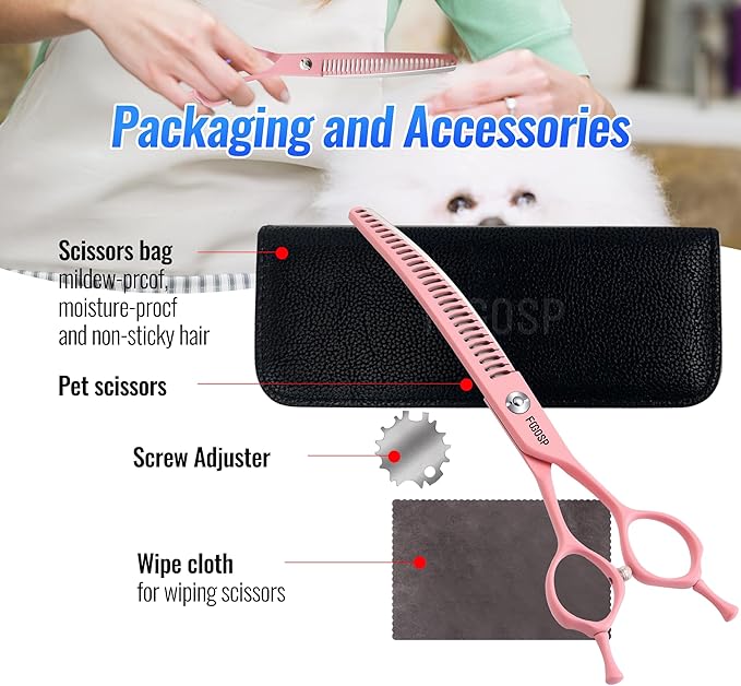 Curved Chunkers Dog Grooming Scissors 7.5" Macarone Series Professional Pet Grooming Shears for Large Dogs Pets Japan 440C Stainless Steel Sharp & Durable(Pink, 30Teeth Curved Thinners)