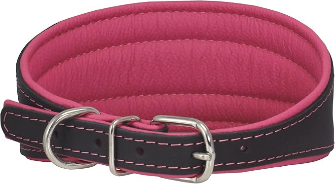 Real Leather Extra Wide Padded Tapered Dog Collar Glossy Black Greyhound Saluki Deerhound Lurcher Whippet Dachshund (16.75"-20" Neck; 3" Wide, Pink)
