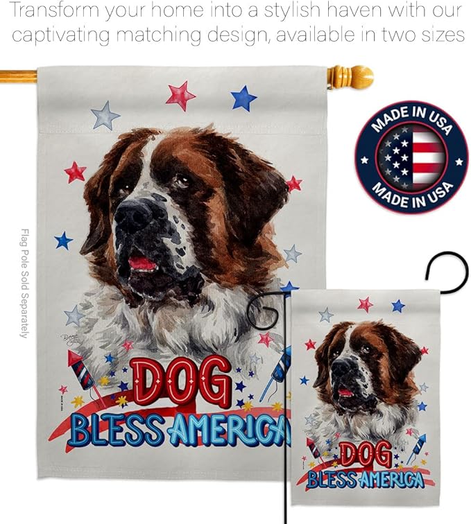 Breeze Decor Patriotic St Bernard Dog House Flag Pack Puppy Spoiled Paw Canine Fur Pet Nature Farm Animal Creature Applique Decoration Banner Small Garden Yard Gift Double-Sided, Made in USA