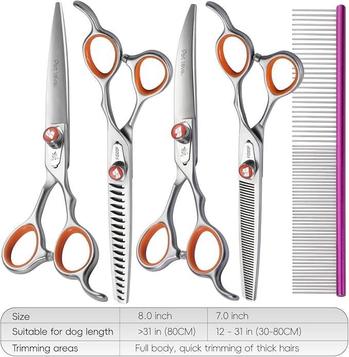 Professional Dog Grooming Scissors Kit Japan 440C Stainless Steel 7 in Curved Thinning Straight Chunker Shears and Comb 5pcs Set for Grooming Dogs Cat Pet