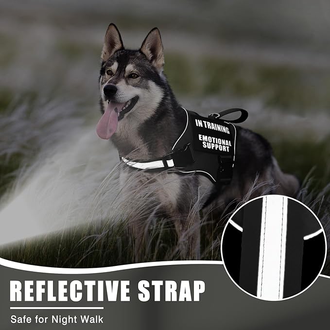 Service Dog Vest Harness+ID Tag+10 Patches,Metal Serivce Dog Tag&Reflective Emotional Support Dog Vest with Handle for Medium Dogs,Easy Put On/Off for Training/Walking/Everyday Black M