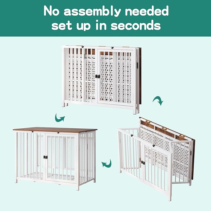 Heavy Duty Dog Crate Furniture, Fully Assembled exc. Locks, All Metal Frame & Wooden Tabletop, Modern Kennel for Small/Medium Dog, Sturdy, Foldable, End Table, White/Rustic Brown