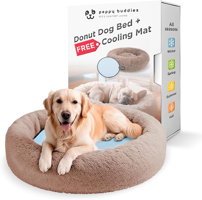 Large Donut Dog Bed, Calming Dog Bed Washable Ideal for Small to Large Dogs and Cats & Round Dog Bed,Anti-Anxiety Multiple Sizes (Brown, Combo Large (37.5" L x 37.5" W x 8.5" Th))