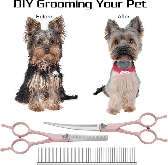 Professional Dog Grooming Scissors Set, 4 in 1 Dog Grooming Scissors Kit, Curved Dog Scissors Pet Thinning Shears, Pink
