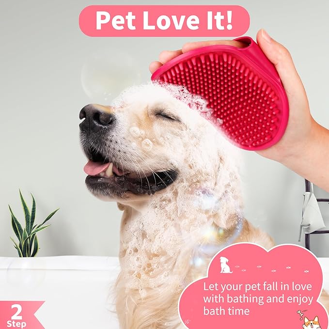 Comotech 3PCS Dog Bath Brush | Dog Shampoo Brush | Dog Scrubber for Bath | Dog Bath Brush Scrubber | Dog Shower/Washing Brush with Adjustable Ring Handle for Short&Long Haired Dogs (Pink Red Pink)