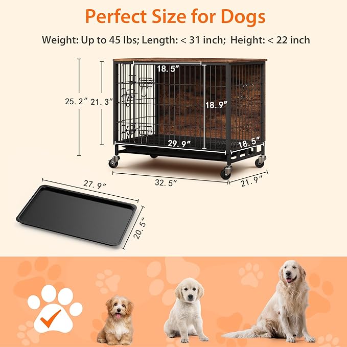 Dog Crate Furniture, 32.5" Modern Double-Door Dog House with Pull-Out Tray, Heavy-Duty Wooden Kennel & Removable Wheels, Side Table for Medium Dog Sizes, Rustic Brown