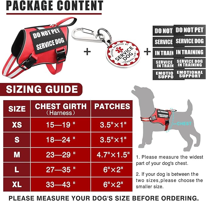 Service Dog Vest Harness+ID Tag+10 Patches,Metal Serivce Dog Tag&Reflective Emotional Support Dog Vest with Handle for Medium Dogs,Easy Put On/Off for Training/Walking/Everyday Red M