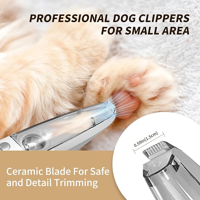 SmartTail Dog Paw Trimmer, Cordless Pet Grooming Kit with Powerful Suction Vacuum, Hair Collection, LED Light, Low Noise, Small Dog Clippers for Face, Paws, Ears, Eyes, Feet