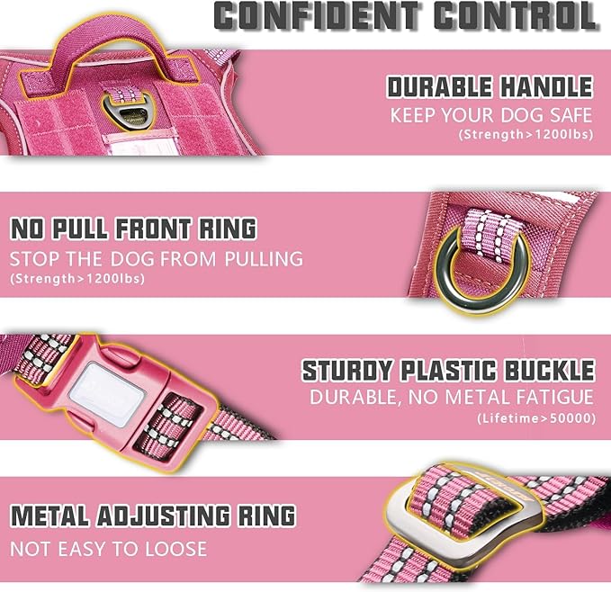 Auroth Tactical Dog Harness for Large Dogs No Pull Adjustable Pet Harness Reflective K9 Working Training Easy Control Pet Vest Military Service Dog Harnesses Rose Red XL