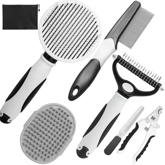 Dog Brush for Shedding, 7 PCS Dog Grooming Brush Kit, Undercoat Rake, Slicker Brush, Deshedding Comb, Bath Brush, Nail Clipper for Long & Short Haired Dogs & Cats, Black