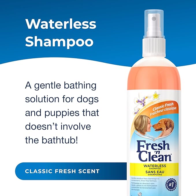 PetAg Fresh ’n Clean Waterless Shampoo, Classic Fresh Scent - 12 oz - Rinse-Free, Anti-Tangle Spray - Gently Cleanses and Moisturizes with Aloe Vera - Soap Free