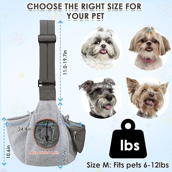 SlowTon Dog Carrier Sling - Puppy Carrier with Window and Storage Pocket Fits up to 12lbs, Dog Sling with Thick Adjustable Shoulder Strap and Safety Leash, Pet Carrier Bag for Small Dogs Cats(Grey M)