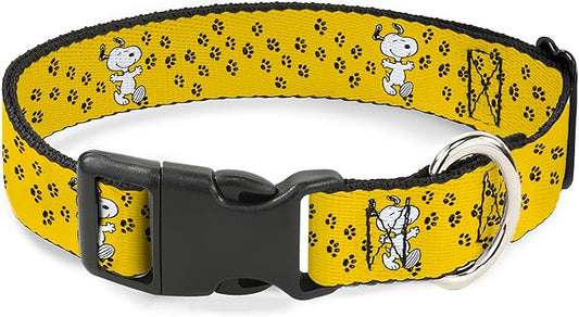 Peanuts Worldwide LLC Pet Collar, Dog Collar Plastic Buckle, Peanuts Snoopy Smiling Pose Paw Print Yellow Black White, 15 to 24 Inches 1.0 Inch Wide