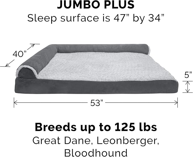 Furhaven Orthopedic Dog Bed for Large Dogs w/ Removable Bolsters & Washable Cover, For Dogs Up to 125 lbs - Two-Tone Plush Faux Fur & Suede L Shaped Chaise - Stone Gray, Jumbo Plus/XXL